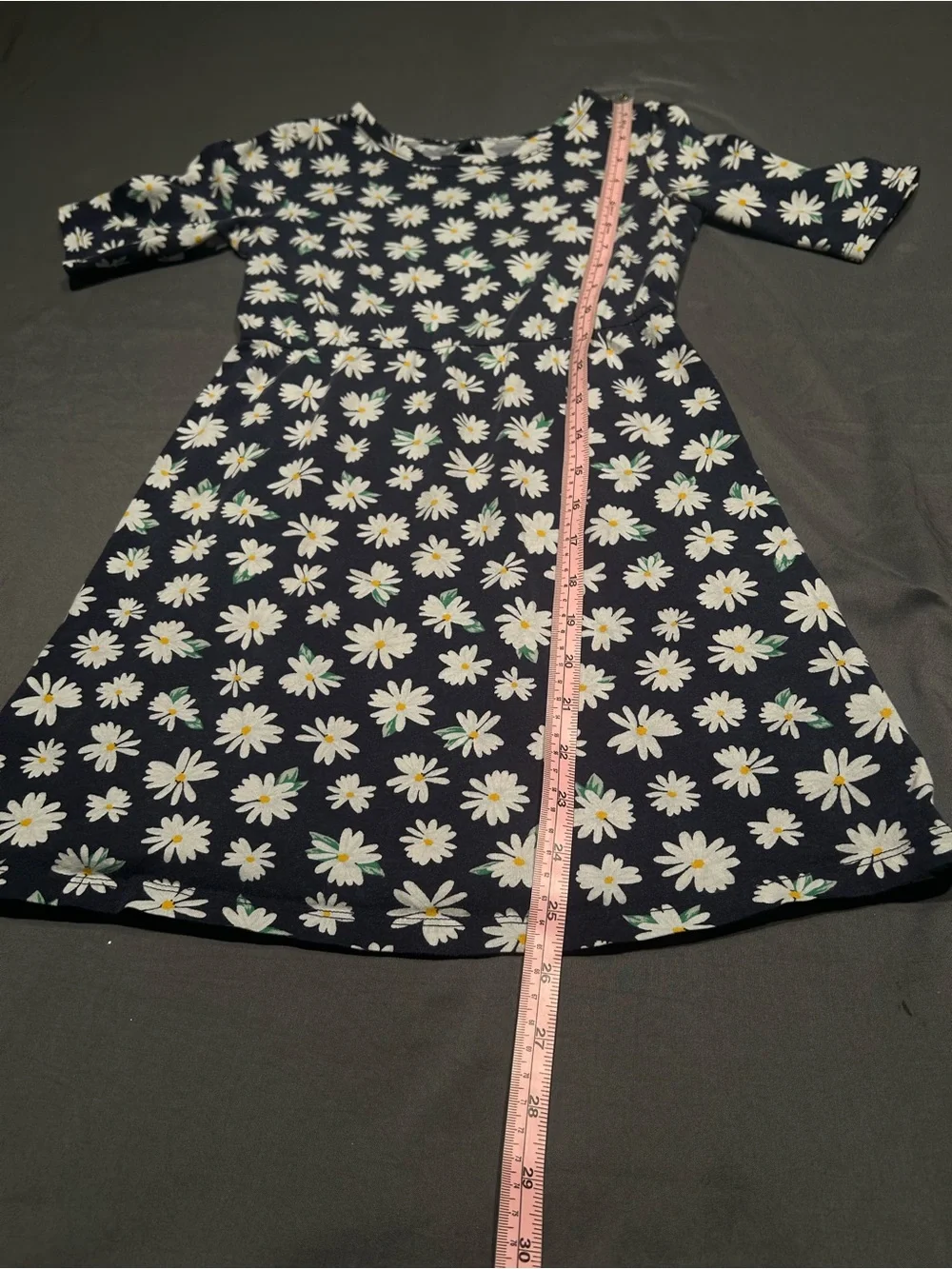 Girls Navy Blue White Daisy Floral Print Elbow Sleeve A-Line Dress